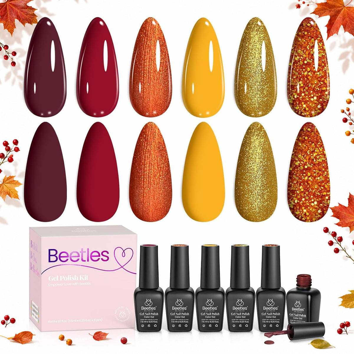 Beetles Fall Gel Nail Polish Set with six shades including yellow, red, and burgundy