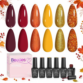 Beetles Fall Gel Nail Polish Set with six shades including yellow, red, and burgundy