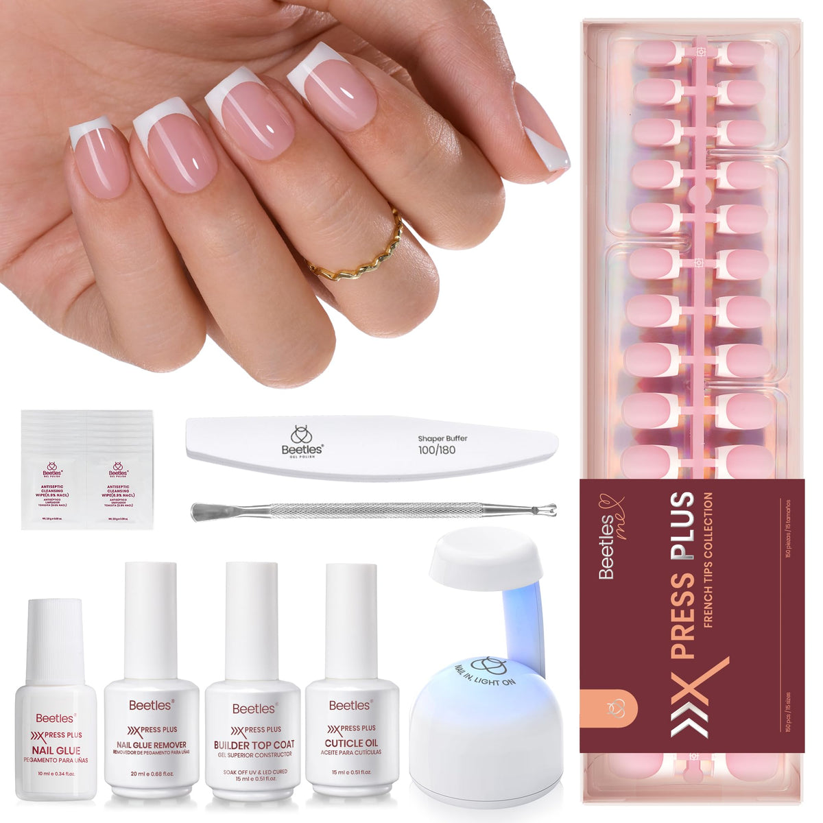 beetles French Tip Press On Nail Kit 150 Pcs Short Square front view