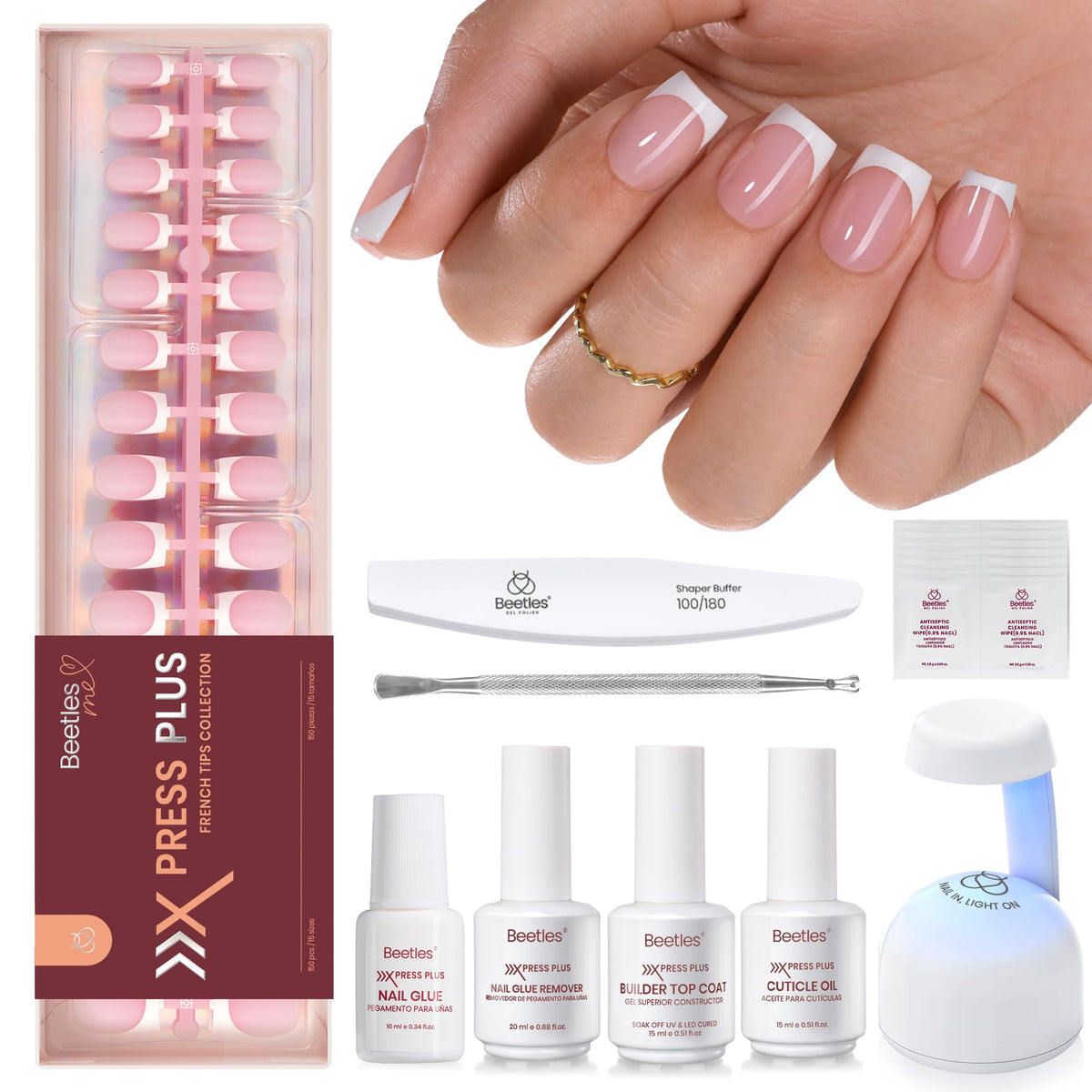 Beetles French Tip Press On Nail Kit 150Pcs Pink front view