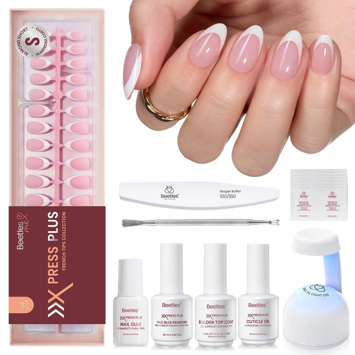 Beetles French Tip Press On Nail Kit packaging with 224 short almond nails