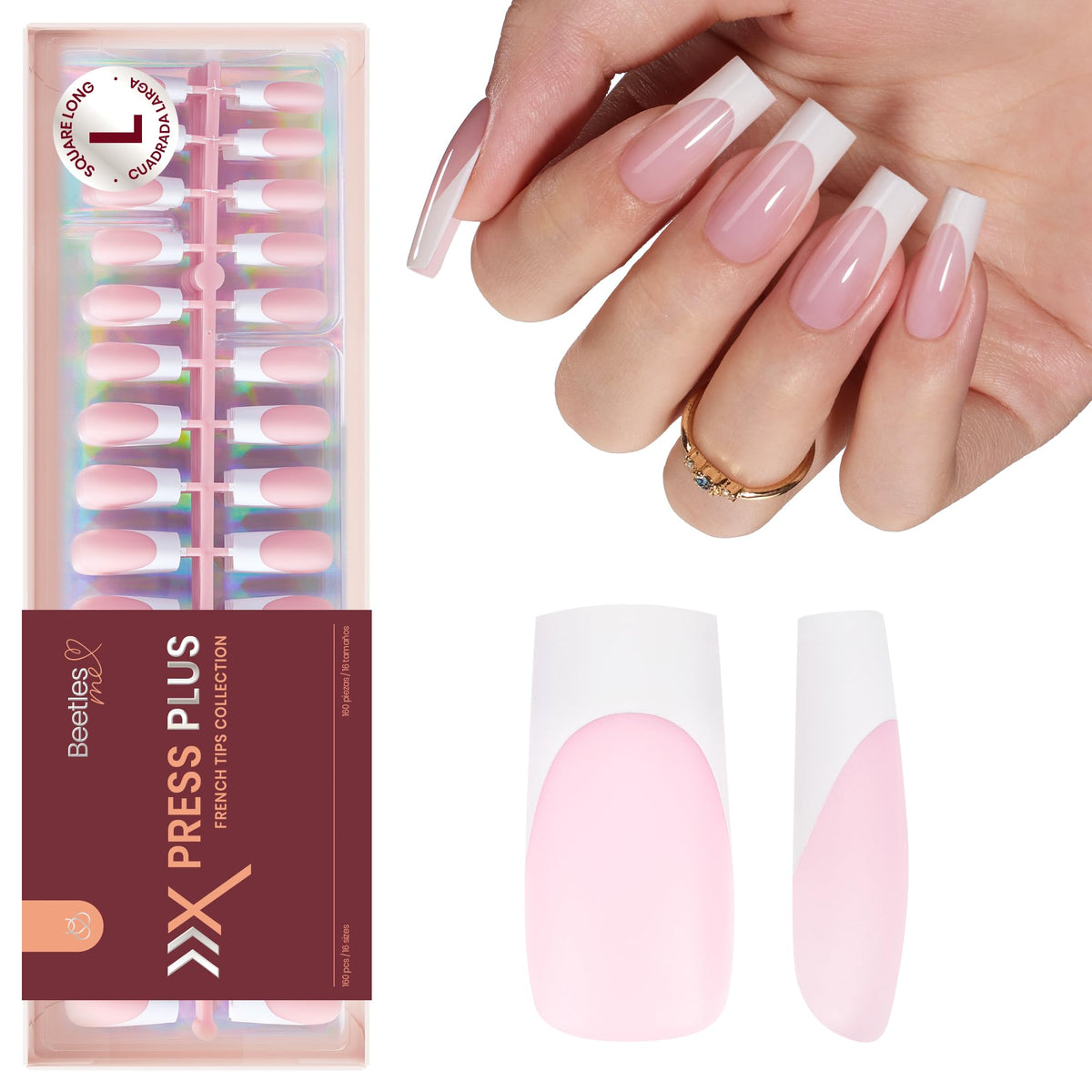 Beetles French Tip Press On Nails 160 Pcs in pink packaging