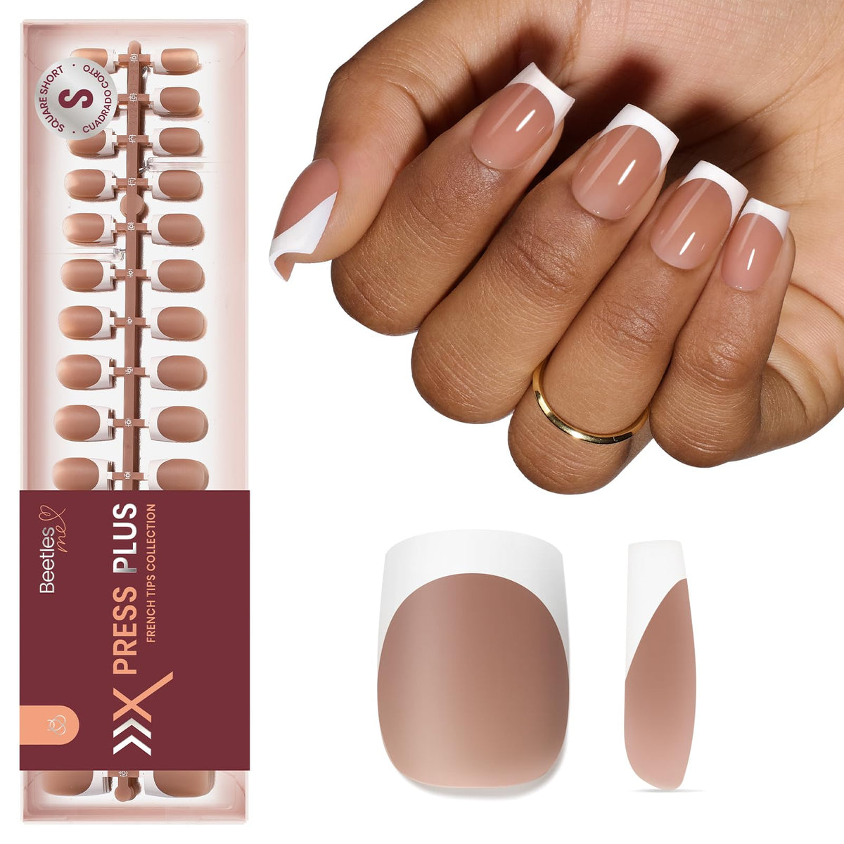 Beetles French Tip Press On Nails brown short square set front view