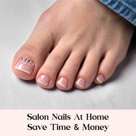 beetles French Tip Toenails applied on toes for natural look