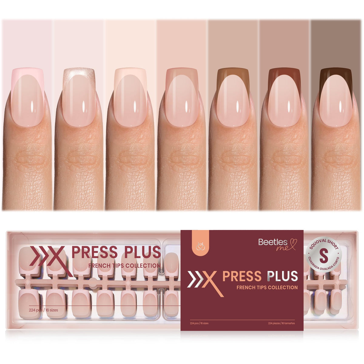 beetles Full French Tip Press On Nails 224 Pcs assorted colors front view