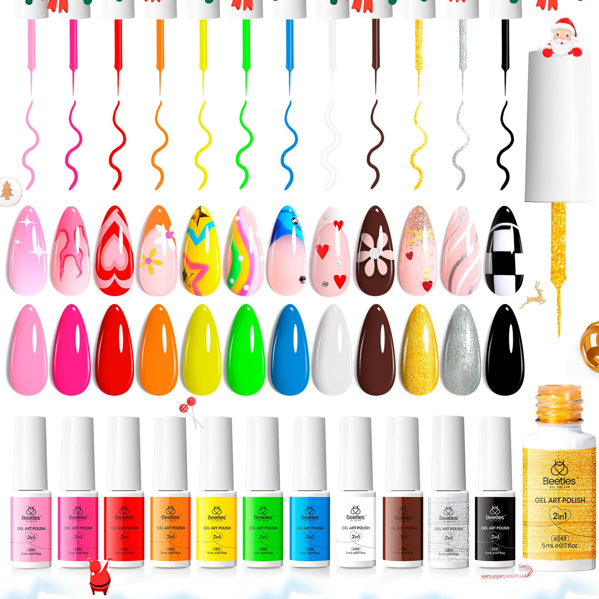 beetles Gel Liner Nail Polish Set with chrome powder application