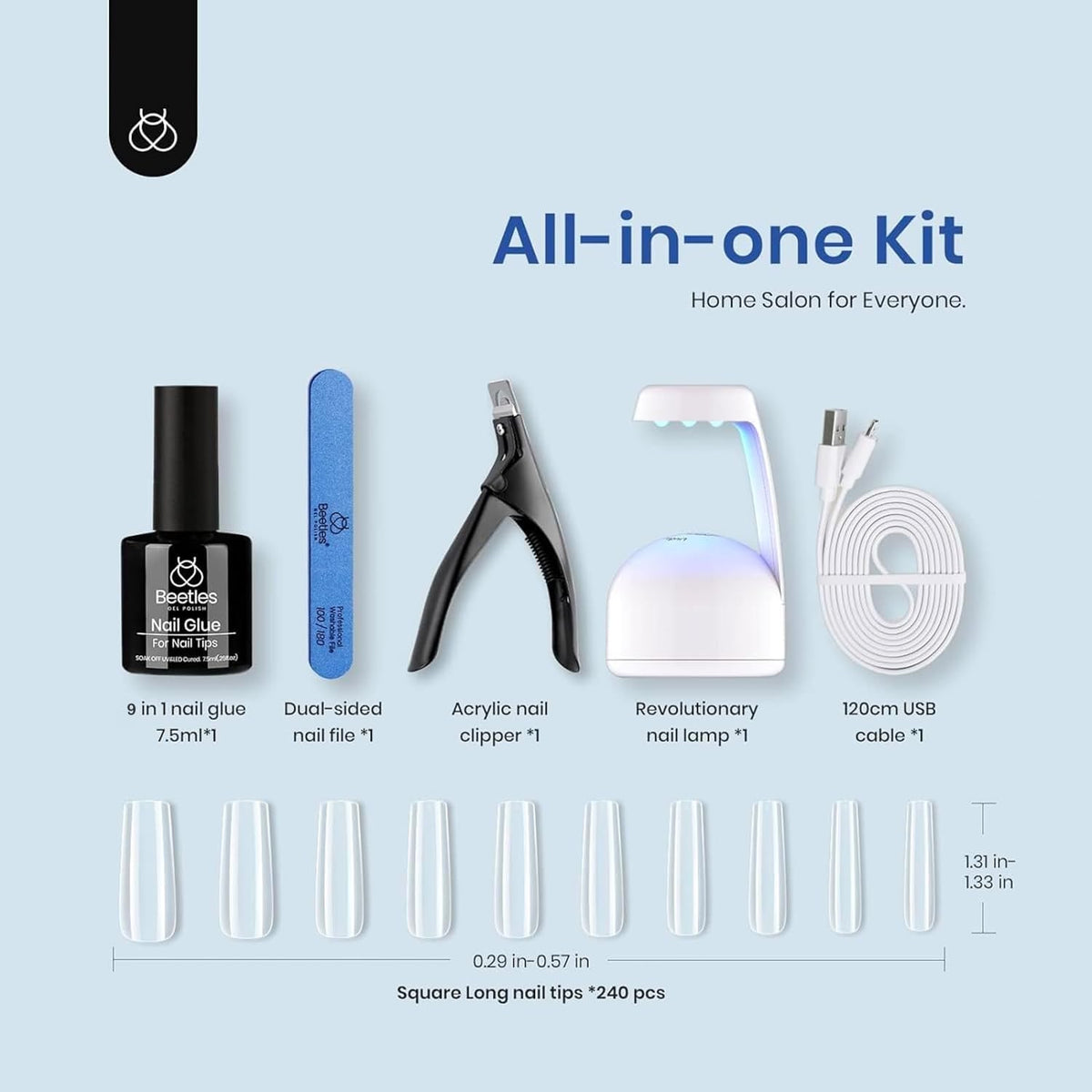 beetles Gel Nail Kit 240 PCS Long Square nail tips display