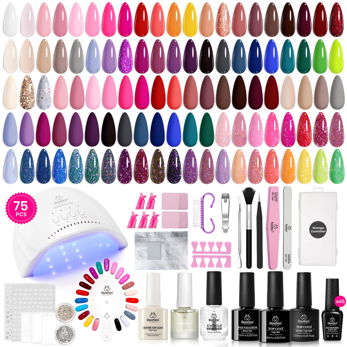 beetles Gel Nail Kit 75PCS with UV Light and 45 colours