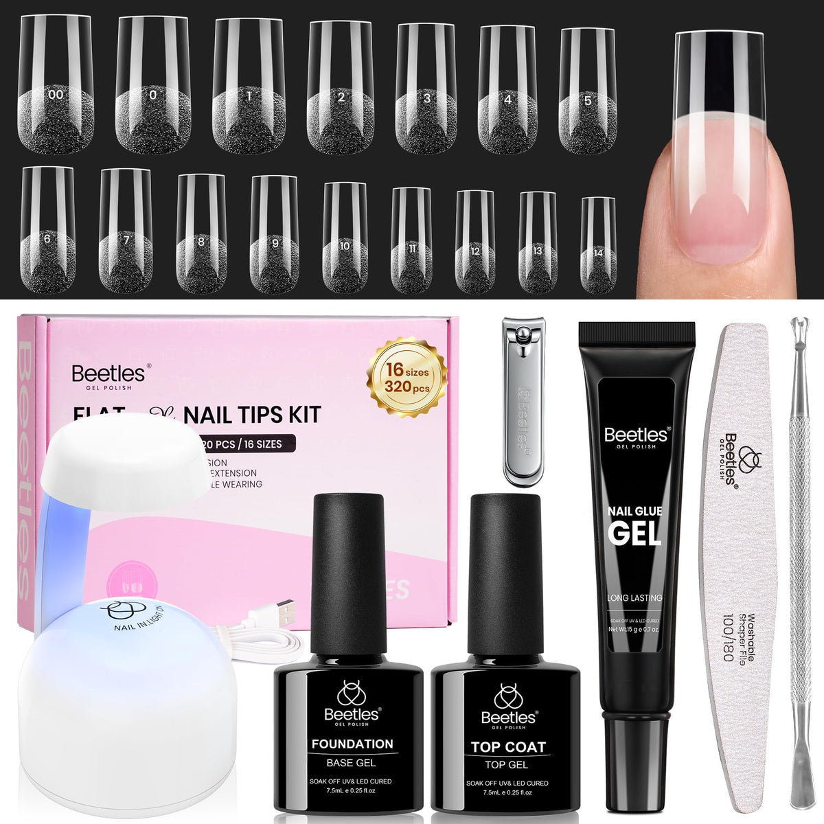 beetles Gel Nail Kit contents including nail tips and lamp