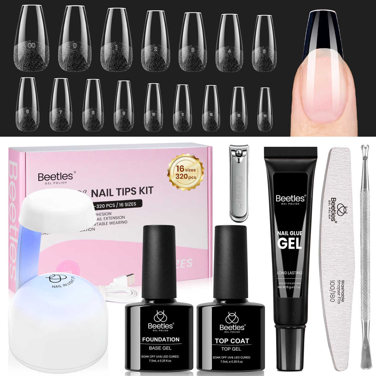 beetles Gel Nail Kit contents including nail tips and UV lamp