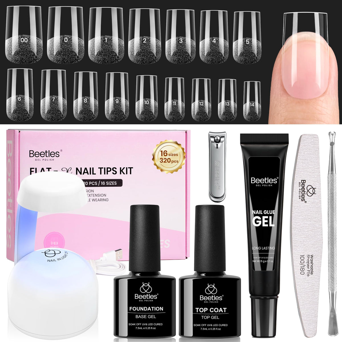 beetles Gel Nail Kit contents including nail tips and UV lamp