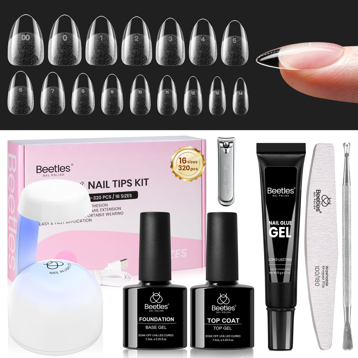 beetles Gel Nail Kit Curve-EX with almond nail tips and mini UV lamp