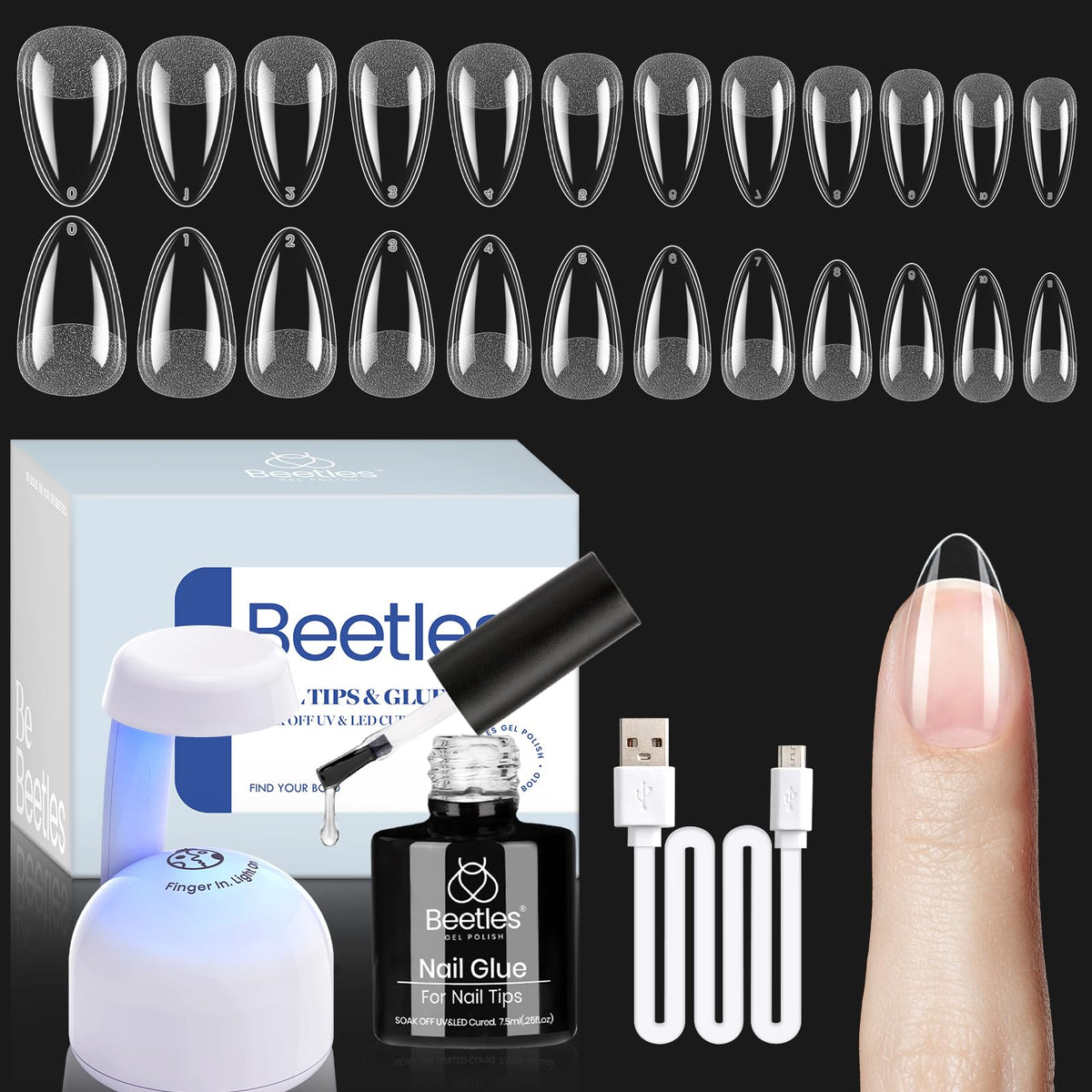 beetles Gel Nail Kit Etch-X Almond Short with Mini UV/LED Nail Lamp
