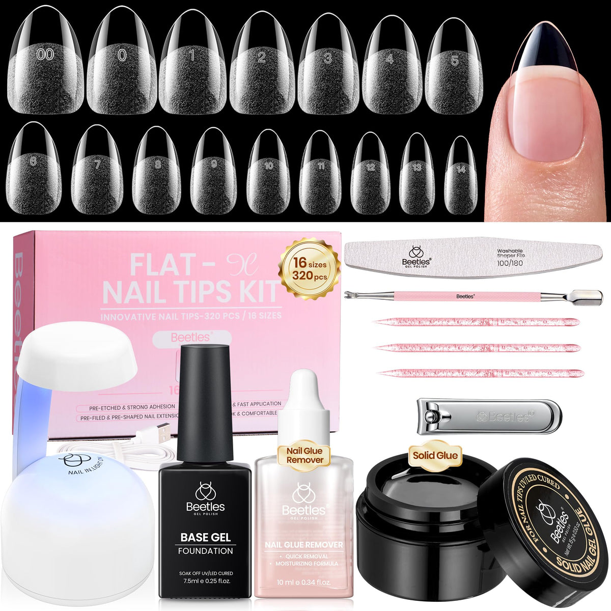 beetles Gel Nail Kit Flat-X Almond Short 320pcs Nail Tips front view