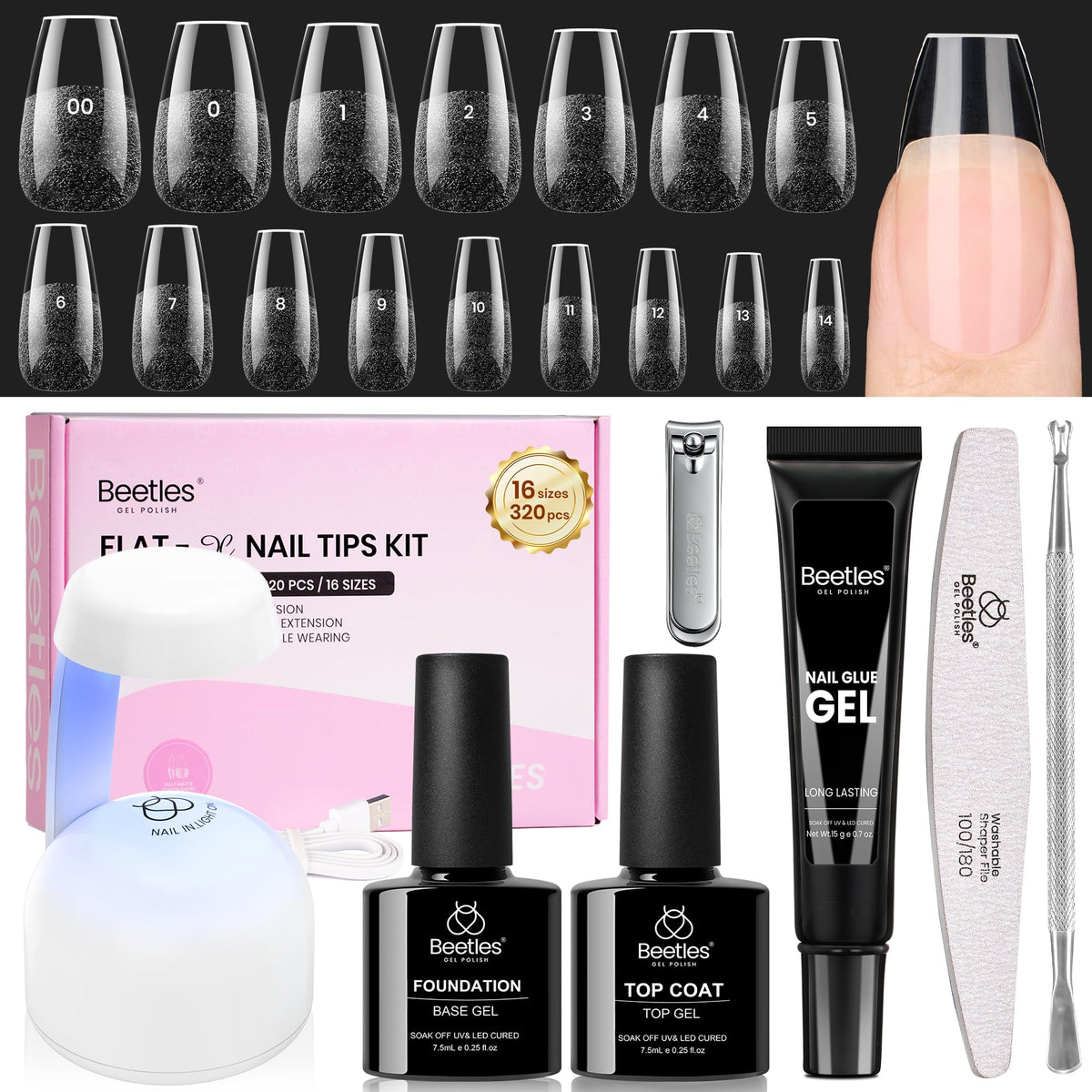 beetles Gel Nail Kit Flat-X Coffin Short 320pcs Nail Tips front view