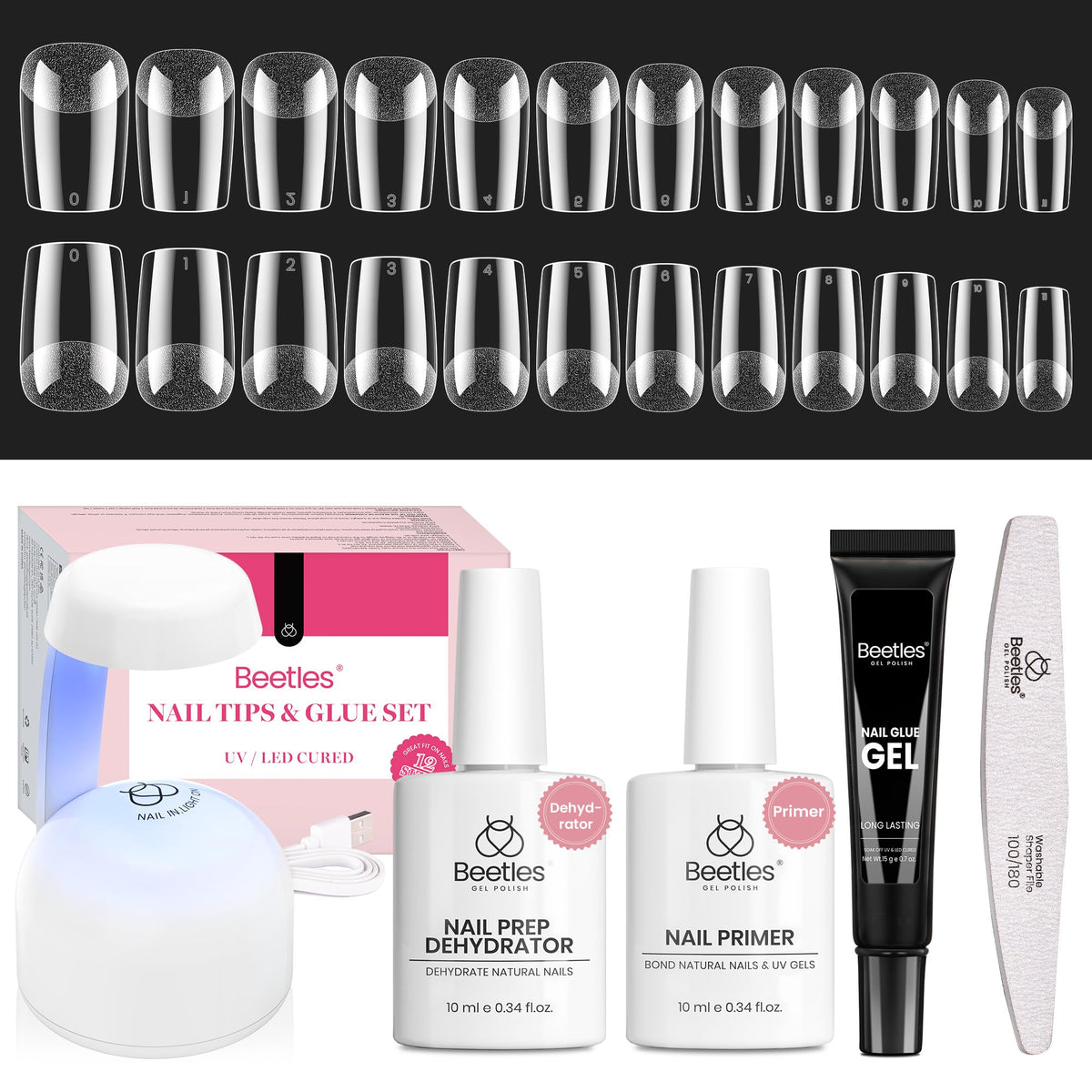 beetles Gel Nail Kit including nail primer, dehydrator, and nail tips