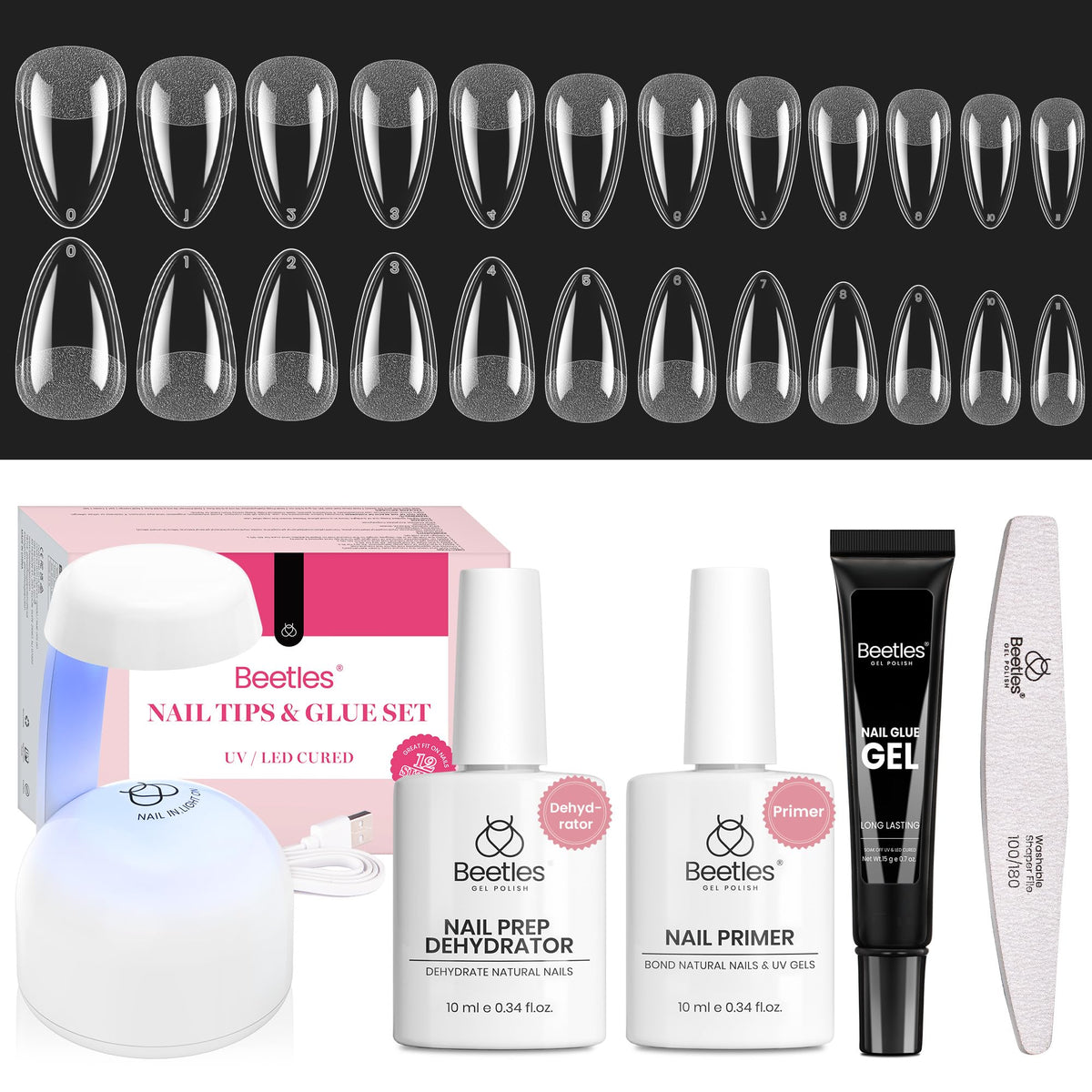 beetles Gel Nail Kit Short Almond complete set with UV lamp and nail tips