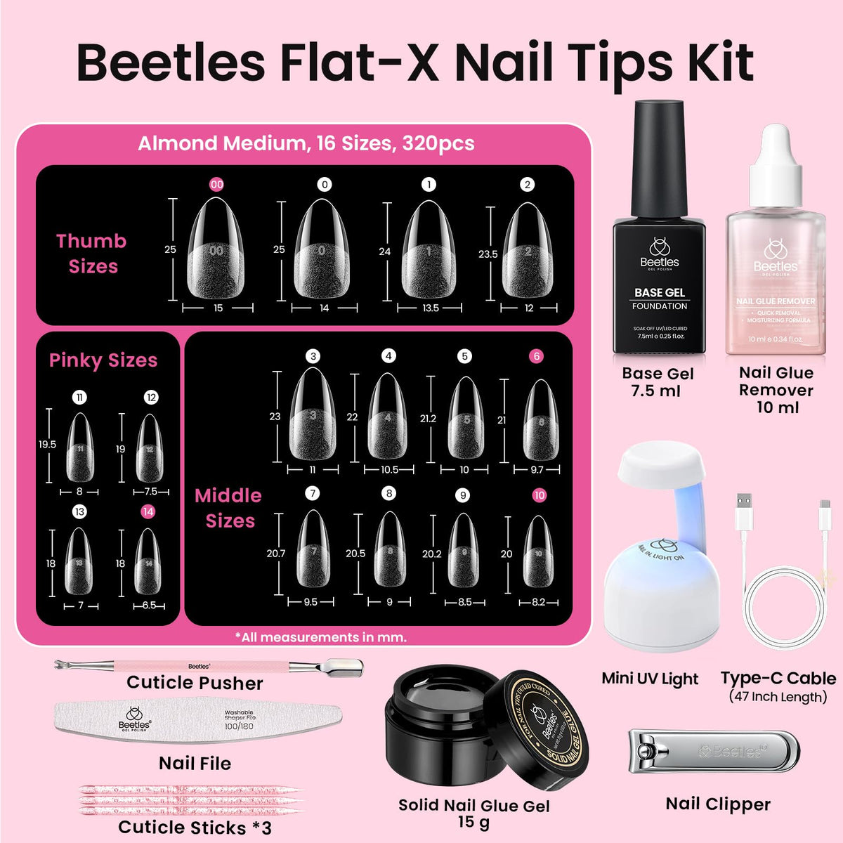 beetles Gel Nail Kit showing 16 sizes of almond nail tips
