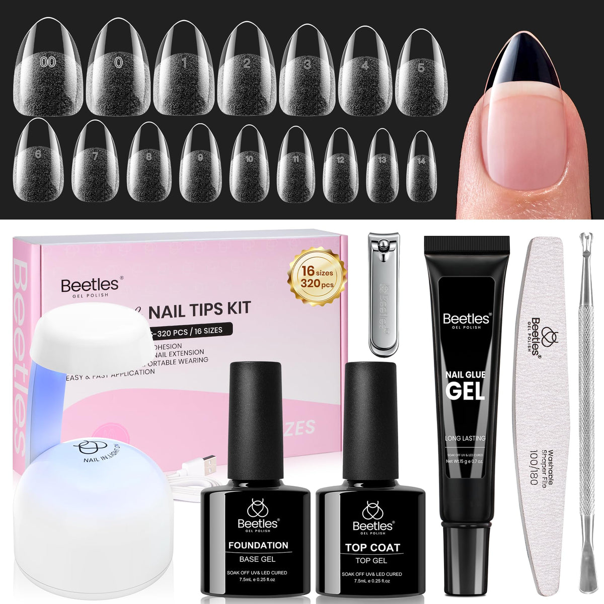 beetles Gel Nail Kit with 320 almond nail tips and mini UV lamp