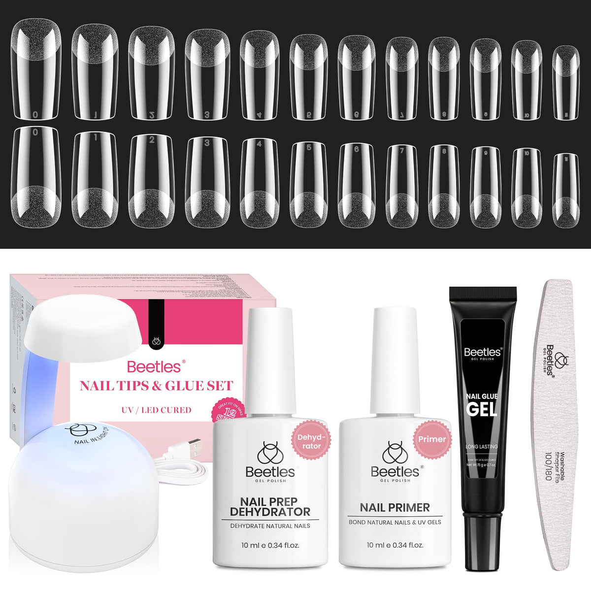 beetles Gel Nail Kit with medium square tips and UV lamp