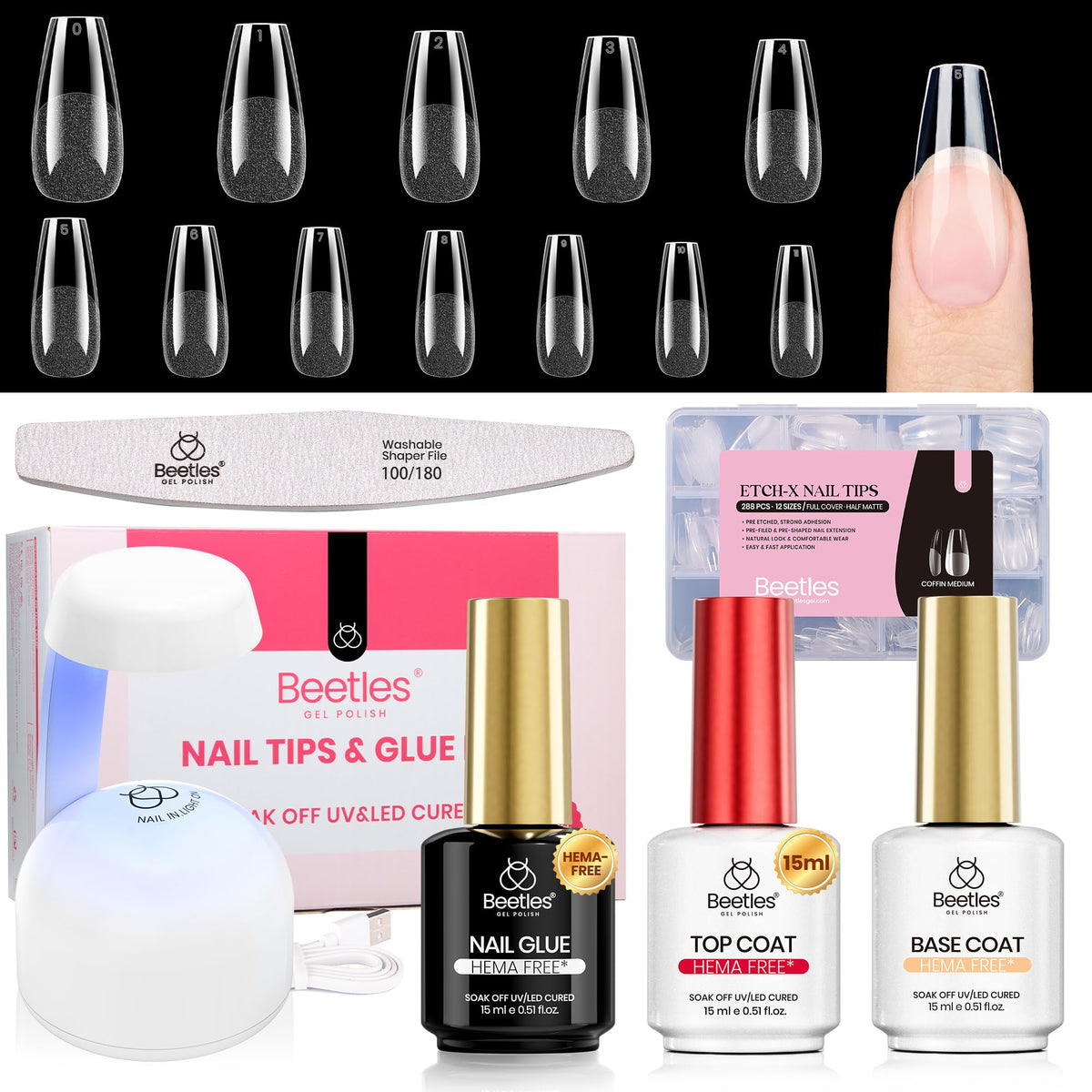 beetles Gel Nail Kit with mini lamp and coffin medium nail tips