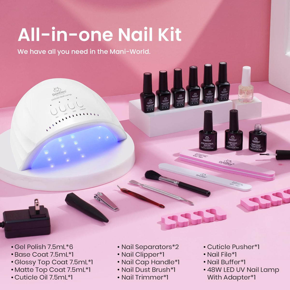 beetles Gel Nail Polish Kit showing 6 colours and tools
