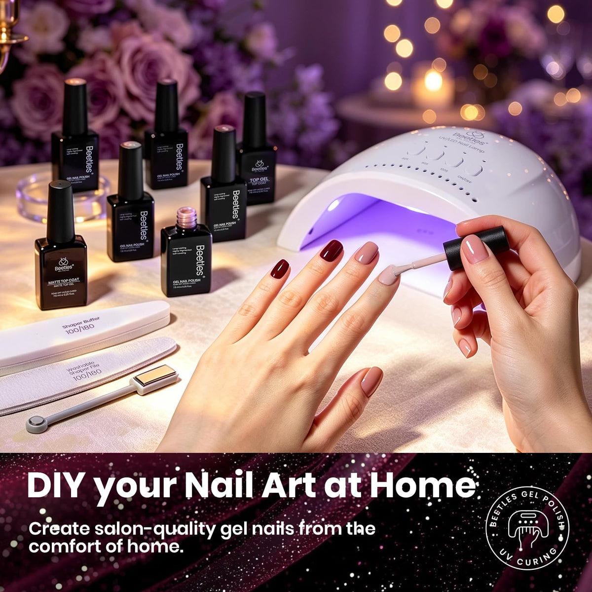 beetles Gel Nail Polish set arranged for a DIY manicure