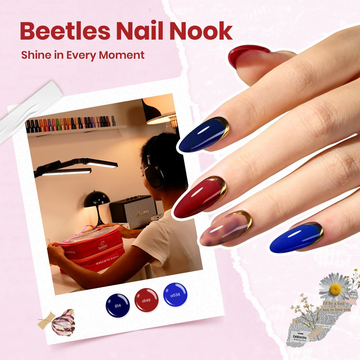 beetles gel nail polish set displayed with tools for nail art