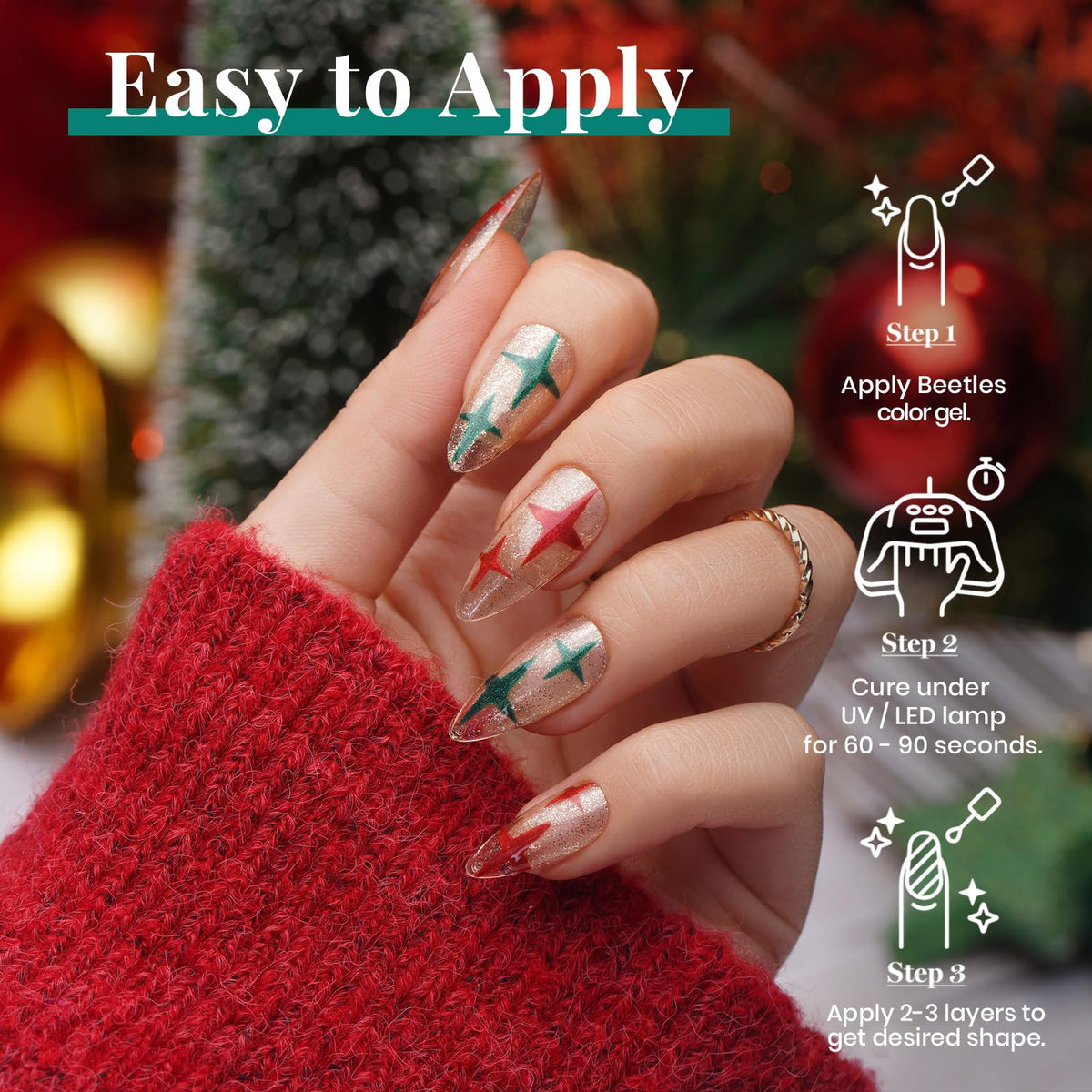 beetles Gel Nail Polish Set in use on nails with a festive design