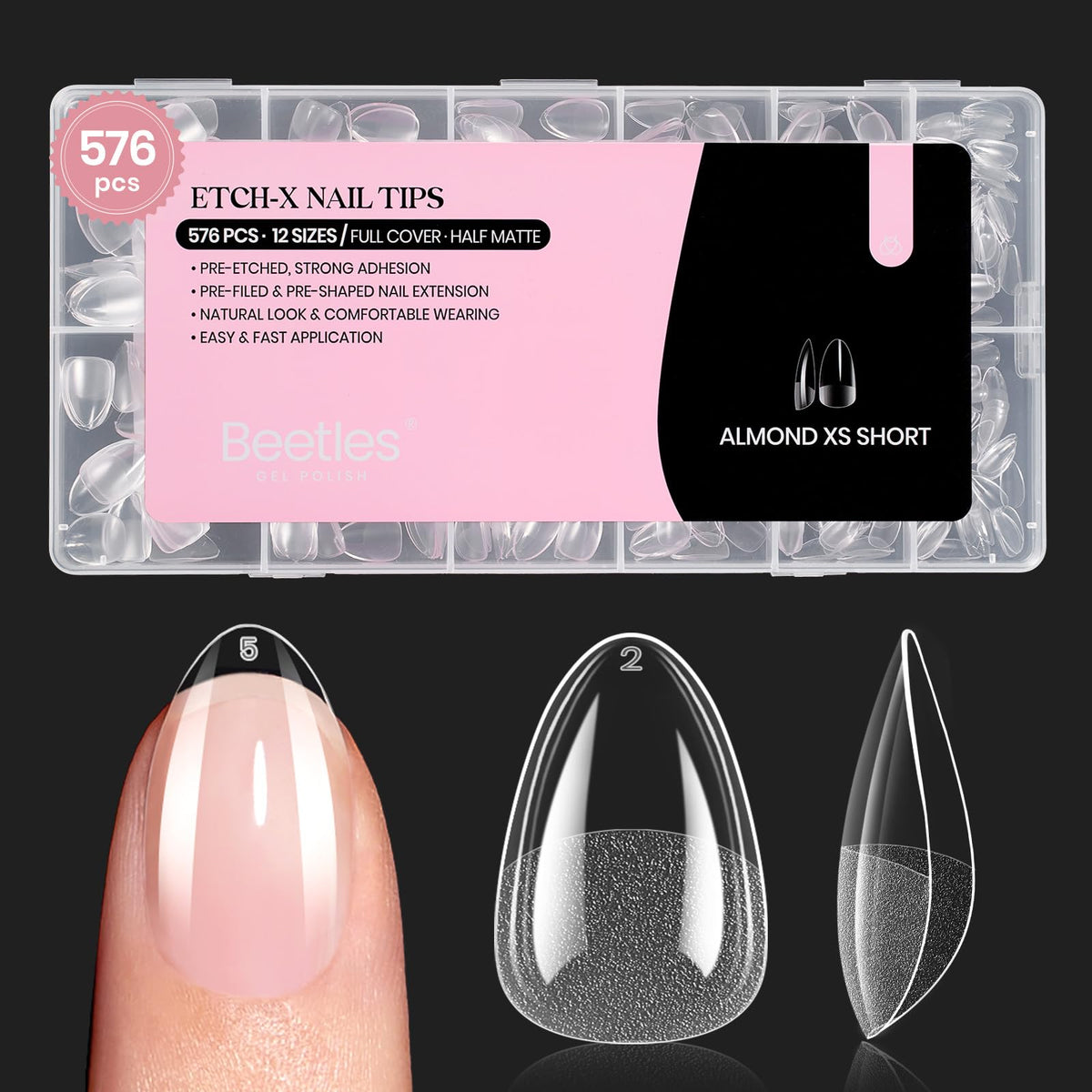 Beetles Gel Nail Tips 576Pcs extra short almond nails front view