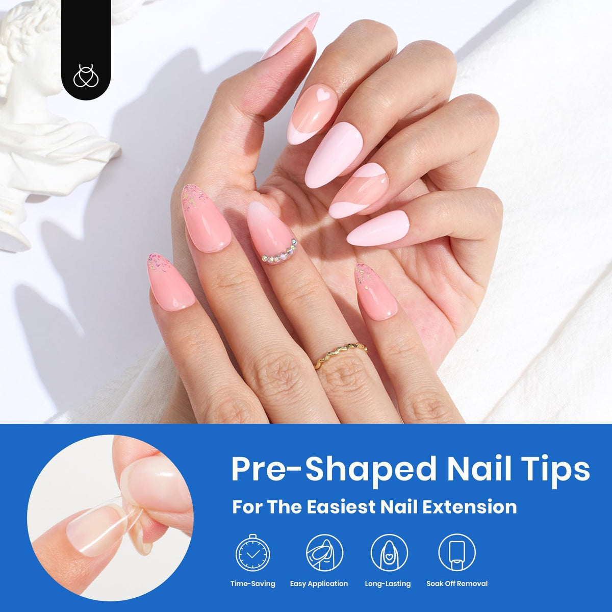 beetles Gel Nail Tips clear short almond front view