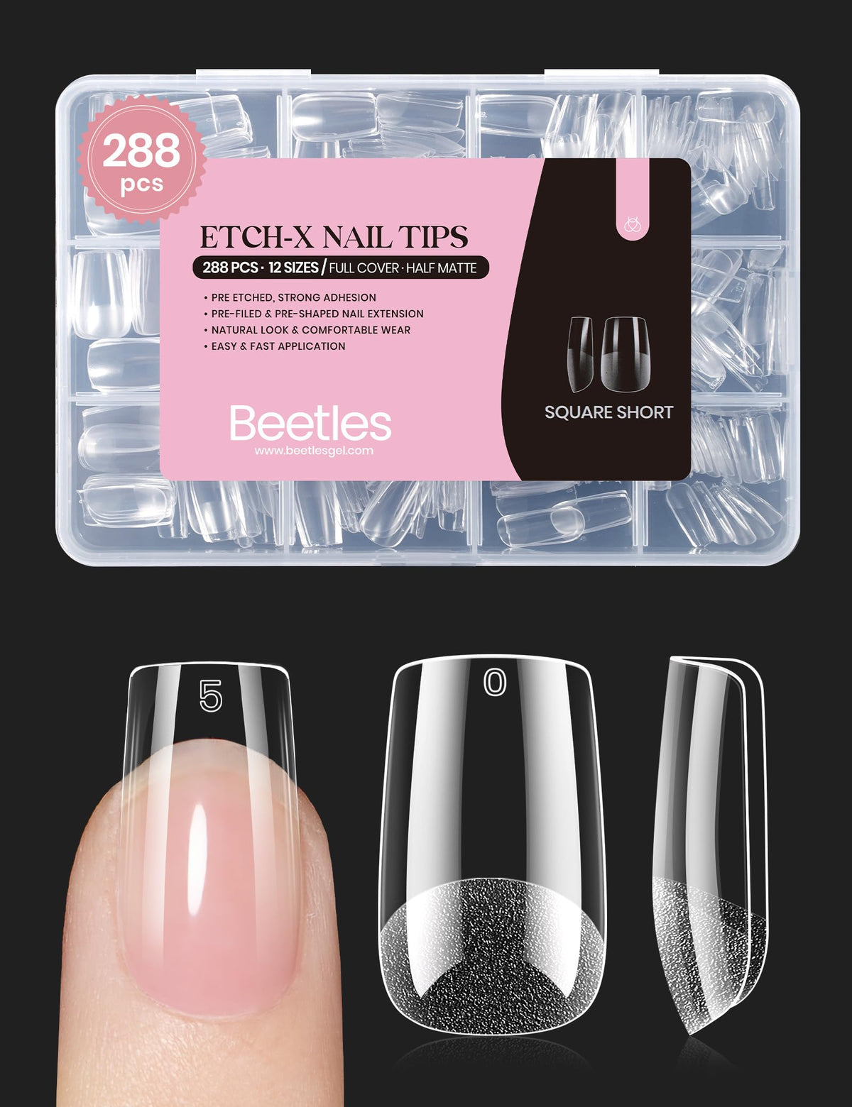 beetles Gel Nail Tips Etch-X square short 288Pcs front view