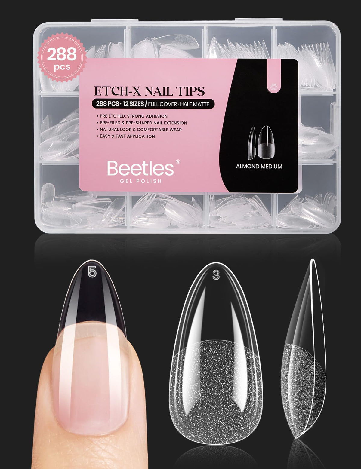beetles Gel Nail Tips Medium Almond Etch X 288 PCS front view