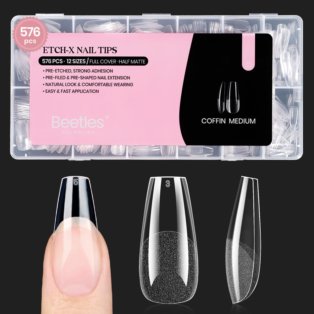 beetles Gel Nail Tips Medium Coffin 576PCS front view