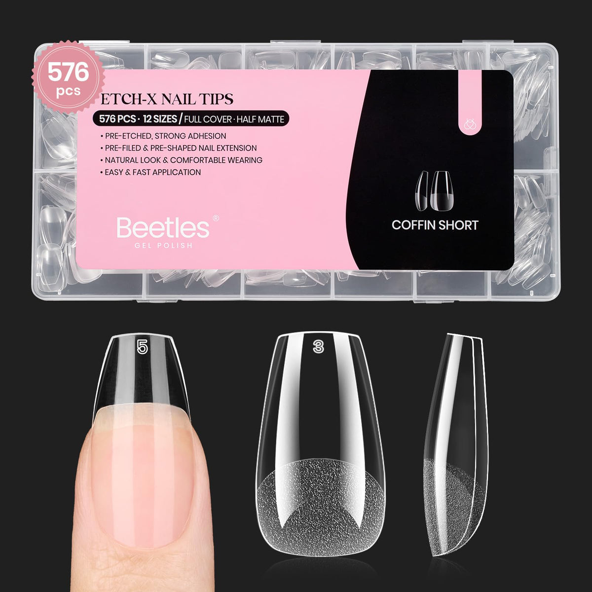 beetles Gel Nail Tips Short Coffin 576 PCS front view