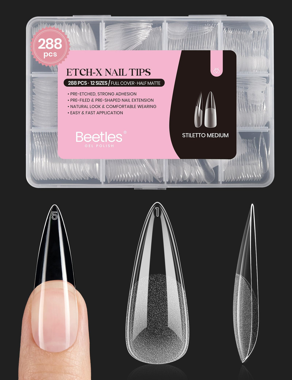 beetles Gel Nail Tips Stiletto Medium 288Pcs front view