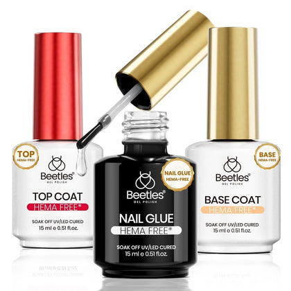 beetles Gel Polish 3Pcs Nail Glue, Base Gel & No Wipe Top Coat Set packaging