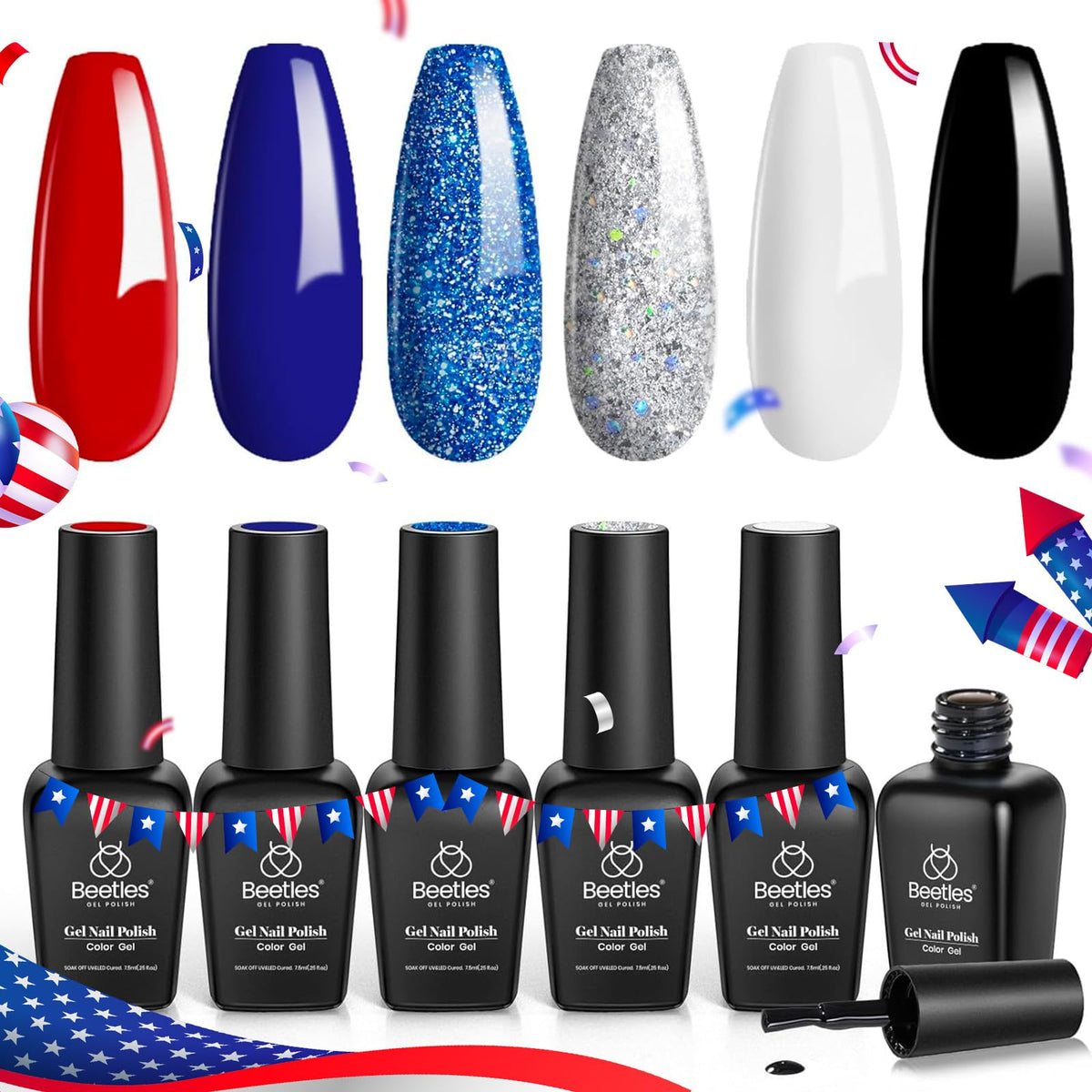 beetles Gel Polish 4th of July set with six colours red, white, blue