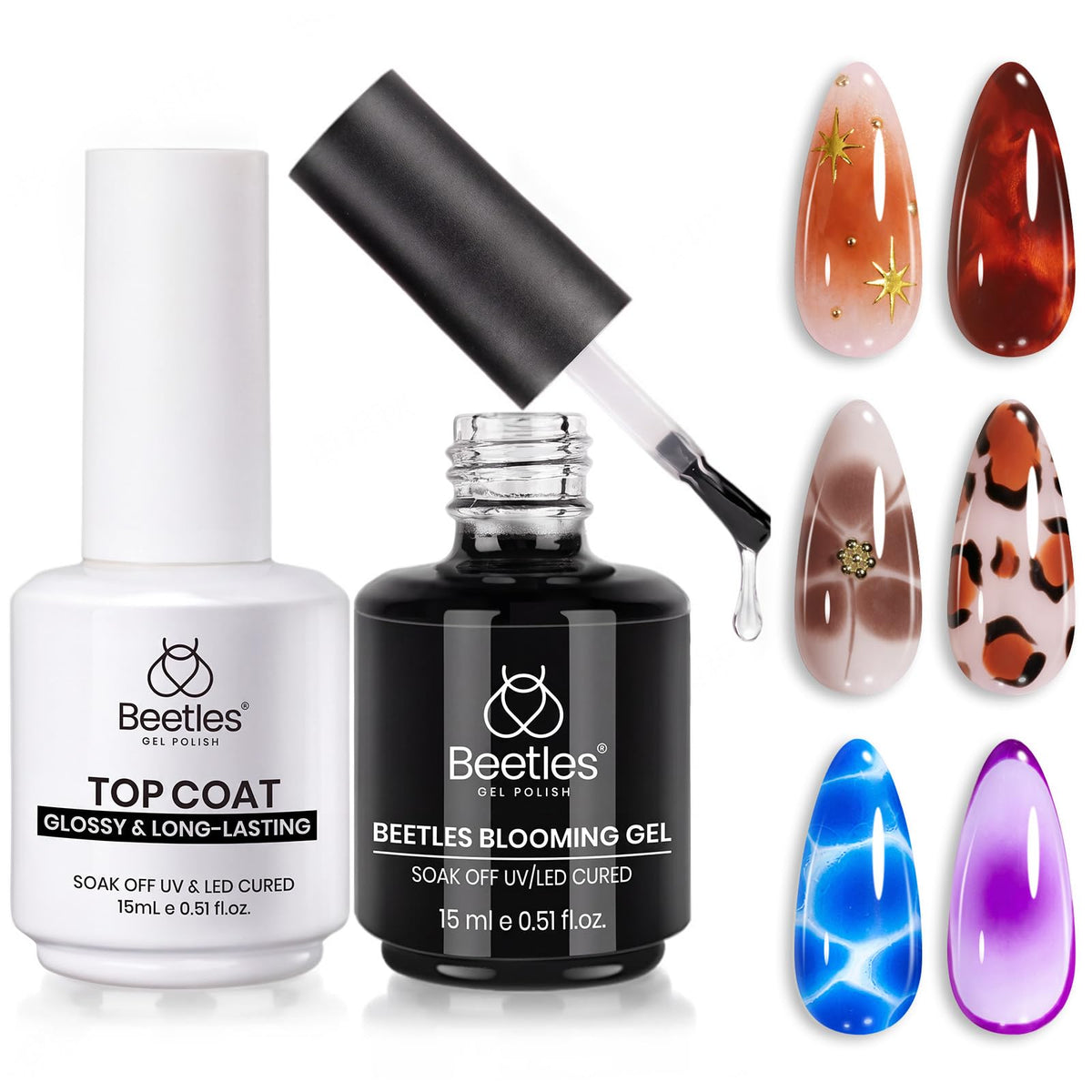 beetles Gel Polish Blooming Gel and Glossy Top Coat Set front view