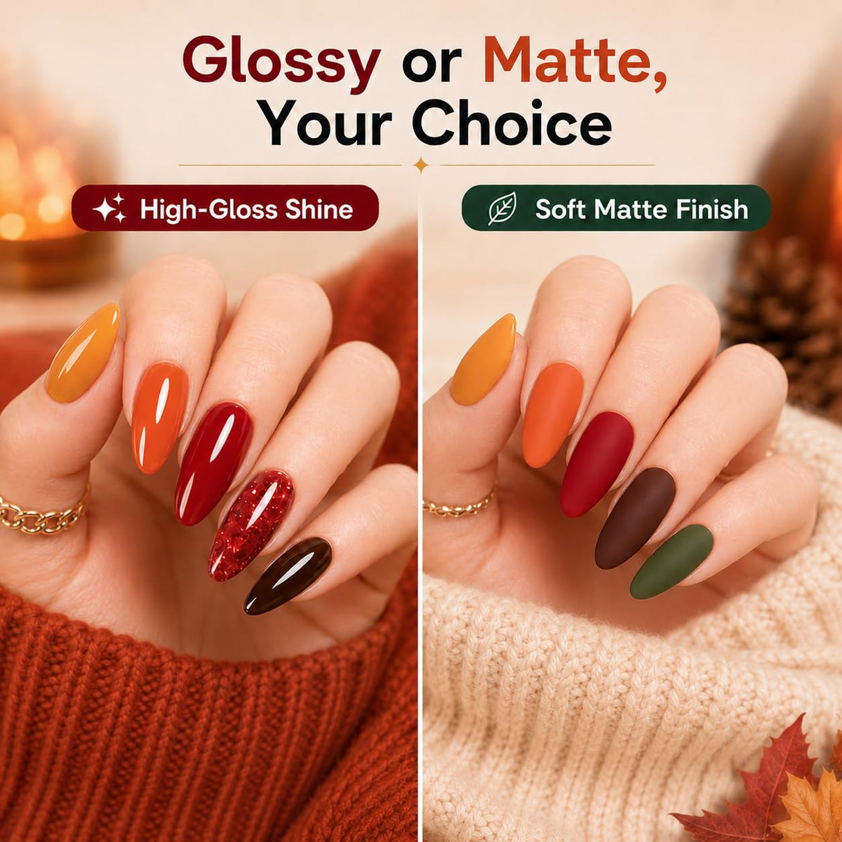 beetles gel polish bottles arranged in a fall-themed display