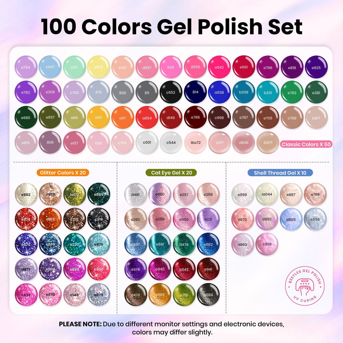 beetles gel polish bottles in various finishes including glitter and pearl