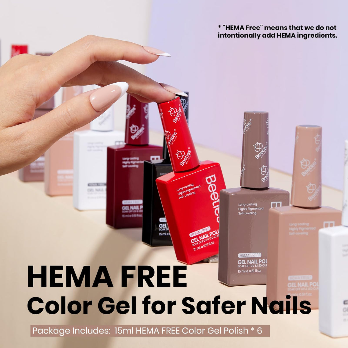 beetles Gel Polish bottles showing brown, burgundy, black, white, red, and nude