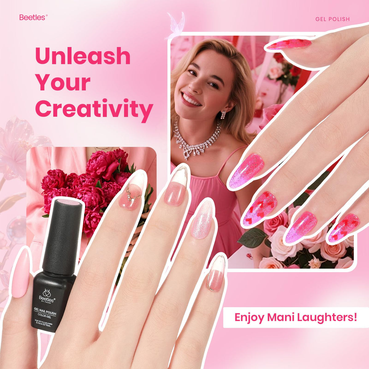 beetles Gel Polish bottles showing pink and glitter shades