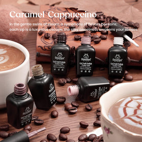 beetles Gel Polish Caramel Cappuccino shades displayed on a nail table