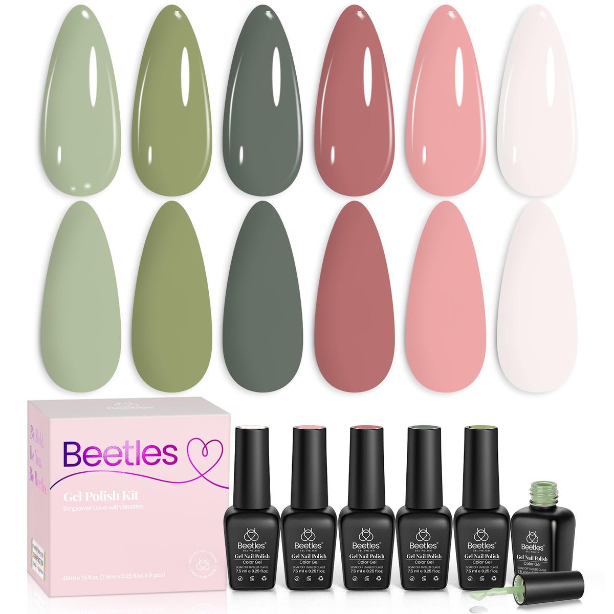 beetles Gel Polish Fall Set with six bottles in sage, olive green, pink, and white