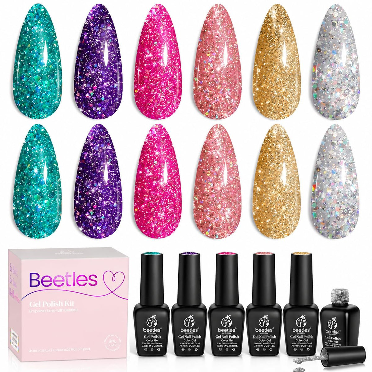 beetles Gel Polish Glitter Gel Set six 7.5 mL bottles front view