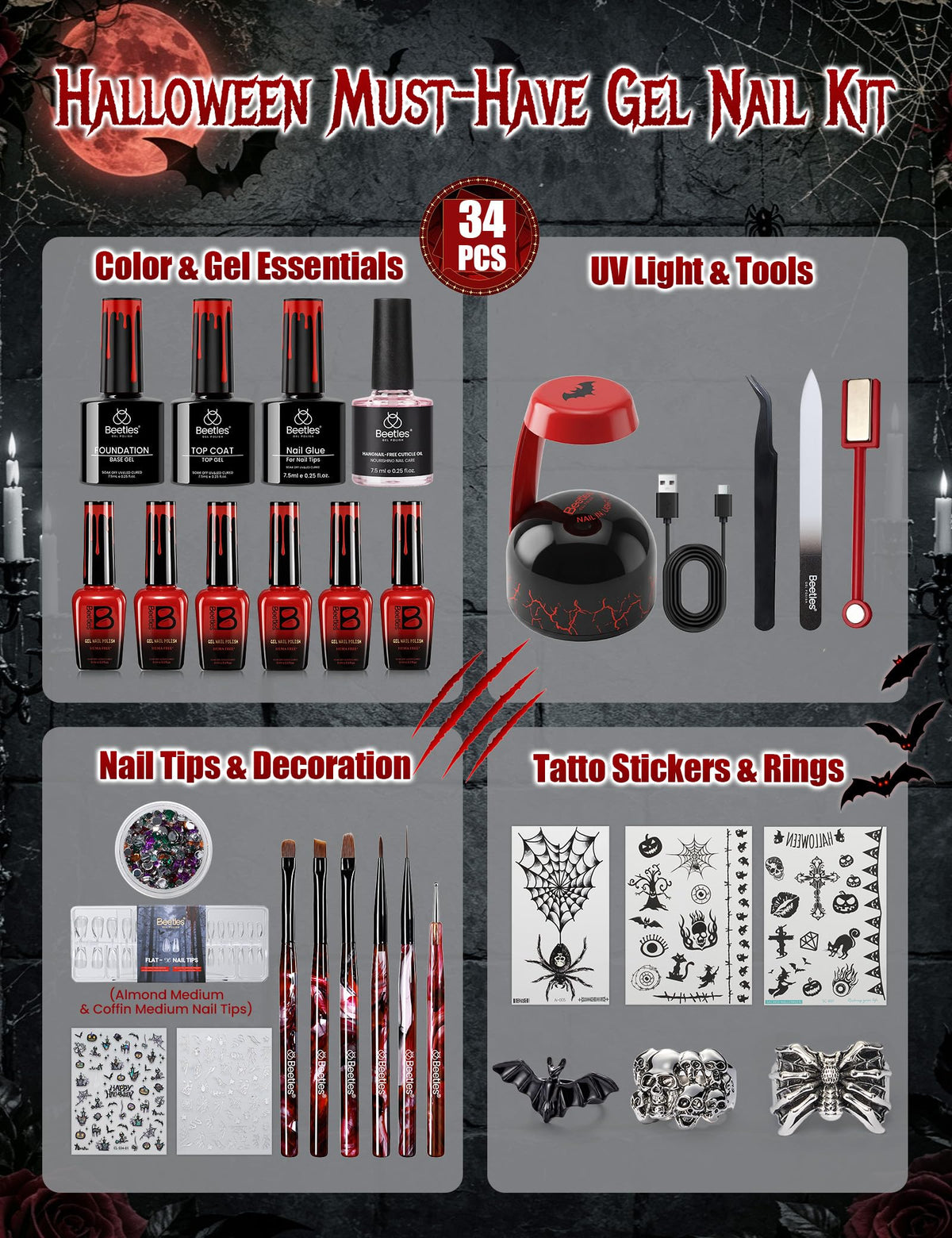 beetles Gel Polish Halloween Gel Nail Polish Kit contents including nail tools