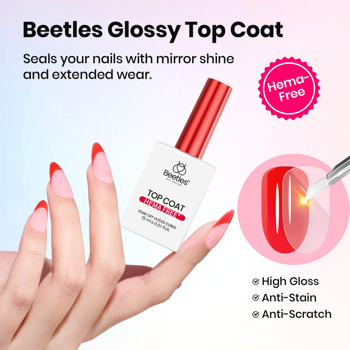 beetles Gel Polish Hema-Free Gel Top Coat application on nails