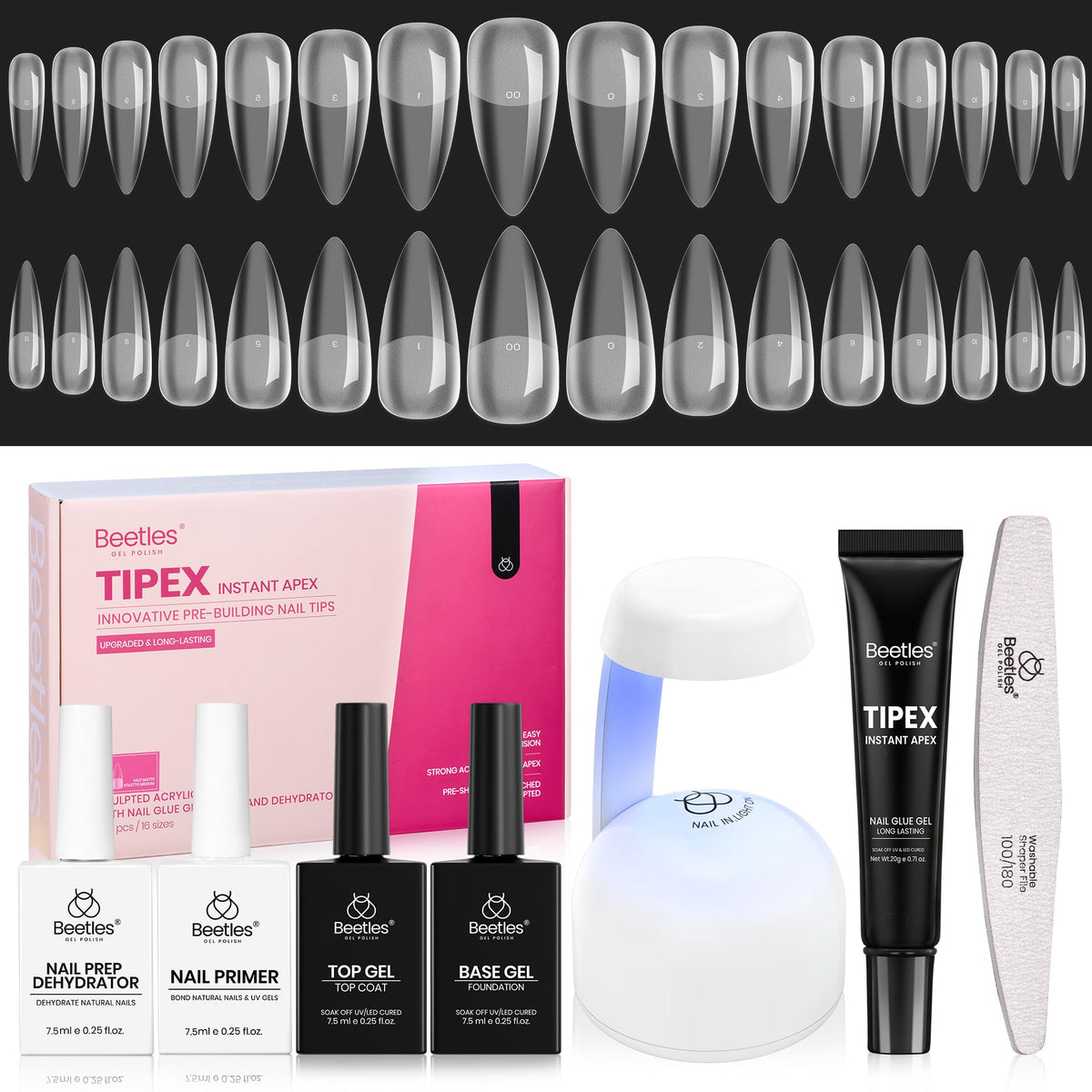 beetles Gel Polish Instant Apex Nail Tips Kit contents including tips and UV lamp