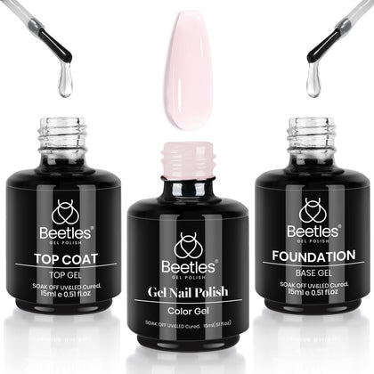 beetles Gel Polish Kit including base coat, top coat, and milky pink polish